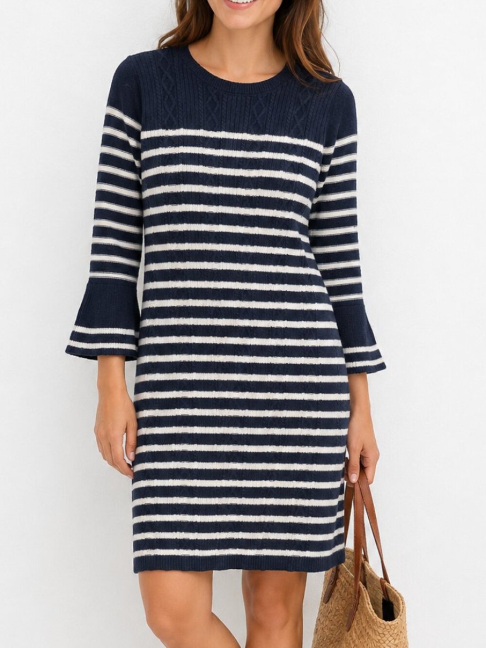 Talbots Navy White Stripe Dress Preppy Mariner Knee Length 3/4 Sleeve Wool Blen